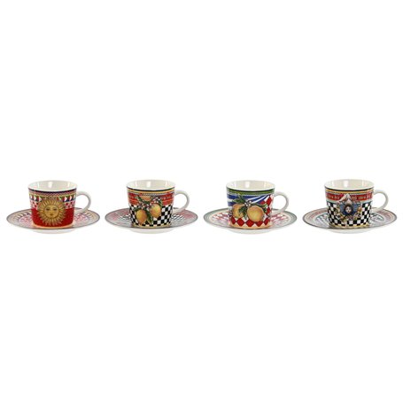 Lot de tasses avec soucoupes Home ESPRIT Jaune Rouge Porcelaine 12,5 x 12,5 x 1,5 cm (4 Unités)