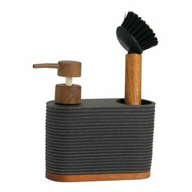 Distributeur de Liquide Vaisselle 2 en 1 Andrea House cc73049 Noir Bois d'acacia