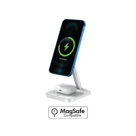 Station de charge sans fil 15W Qi Stand 2 zones Smartphone + Truewireless + Port de charge USB C + Chargeur Blanc + Garantie à v