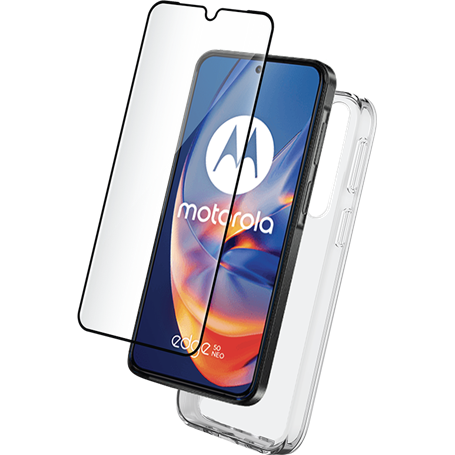 Pack Motorola Edge 50 Neo Accessoires Coque Transparente + Verre trempé + SmartFrame - 60% verre recyclé Bigben