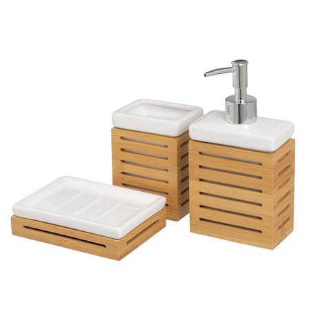 Ensemble de Bain Blanc Naturel Céramique Bambou 25,5 x 7,5 x 23,5 cm 3 Pièces