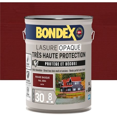 Lasure opaque Tres haute protection - Rouge basque RAL 3004 satin - BONDEX - 5 L