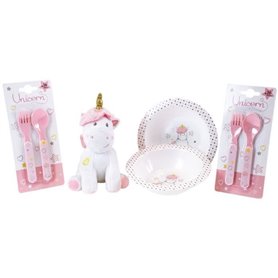 Lot Vaisselle Licorne pour Enfant - FUN HOUSE - 006319 - 2 Assiettes, 2 Sets de Couverts et 1 Peluche Douce