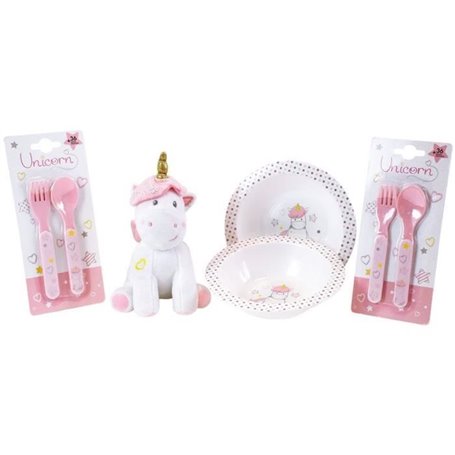 Lot Vaisselle Licorne pour Enfant - FUN HOUSE - 006319 - 2 Assiettes, 2 Sets de Couverts et 1 Peluche Douce