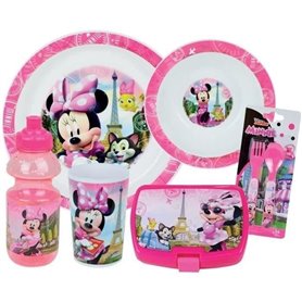 Lot Vaisselle Disney Minnie - FUN HOUSE - 006377 - Verre, Assiette Creuse, Assiette Plate, Gourde, Boîte Goûter et Couverts