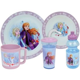 Lot Vaisselle Disney Reine des Neiges - FUN HOUSE - 006379 - Assiette Creuse, Assiette Plate, Mug, Gourde et Gobelet avec Paille