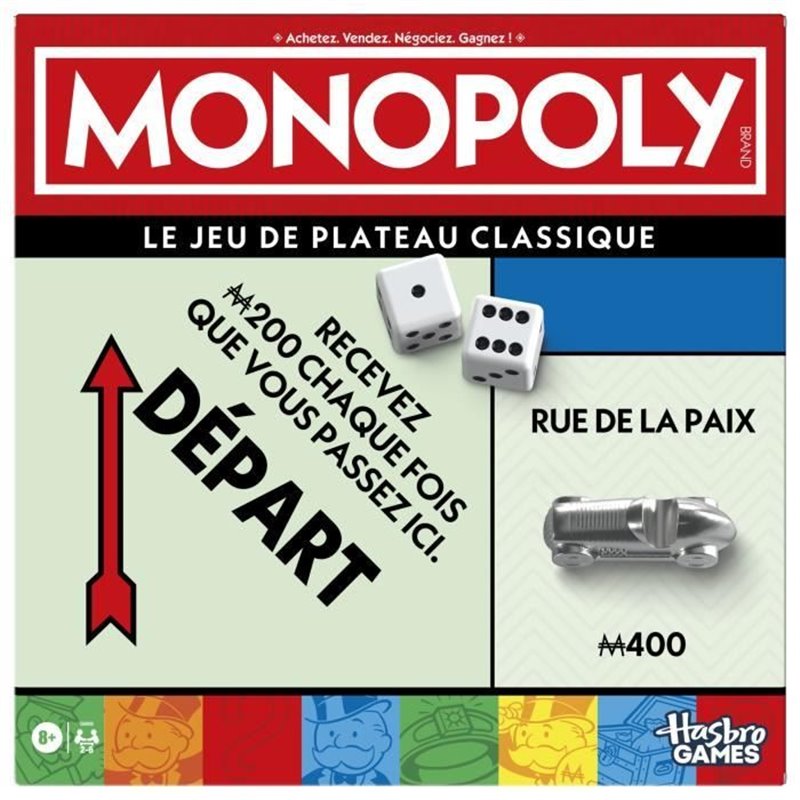 Monopoly classique, jeu de société de plateau, avec boîte de rangement et pions grand format, 2 a 6 joueurs, version FR, des 8 a