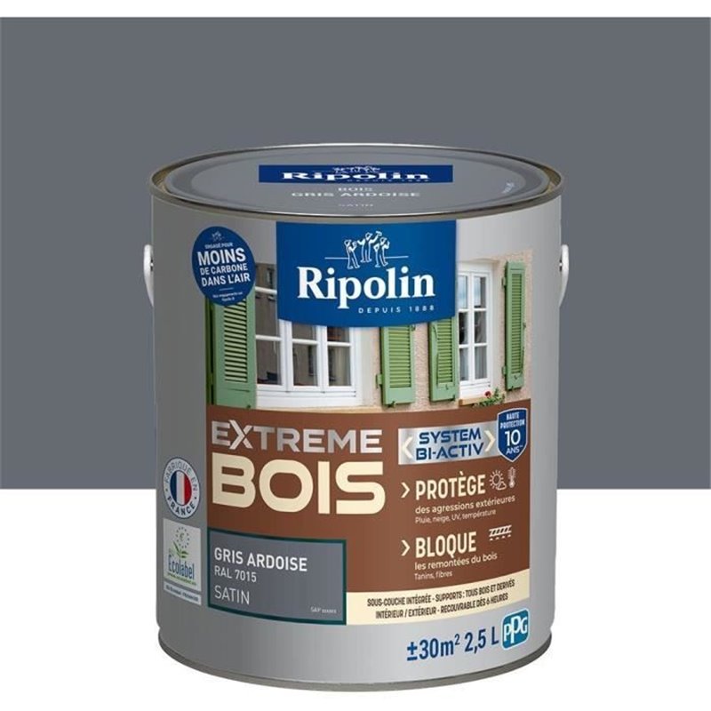 Image secondaire de Peinture pour Bois -Intérieur/Extérieur - RIPOLIN - Ultra-couvrante - Résiste aux Intempéries, UV,Chocs -Satin - Gris Ardoise -