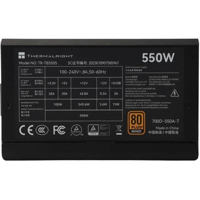 Image secondaire de l'Alimentation PC - THERMALRIGHT - TB550S - 550W - 80+ Bronze - Non modulaire - ATX 3.0 - Noir