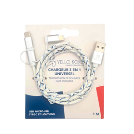 Câble Kami plat USB A / microUSB & USB C & Lightning 3A 1m FastCharge Blanc Yello Koko