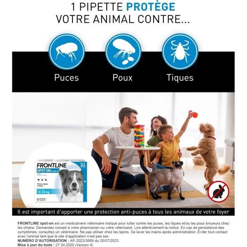 Image secondaire de FRONTLINE 3 Pipettes antiparasitaires SPOT ON Chien - 10 a 20 kg - Puces, tiques, poux