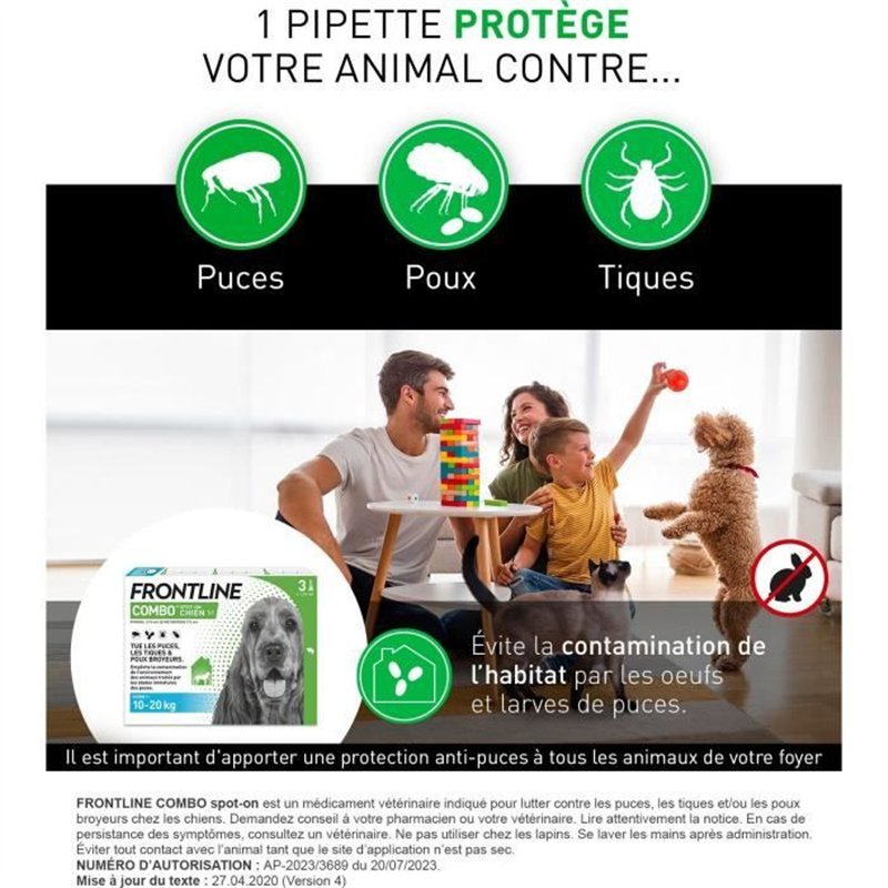 Image secondaire de FRONTLINE 3 Pipettes antiparasitaires COMBO Chien - 10 a 20 kg - Puces, tiques, poux broyeurs