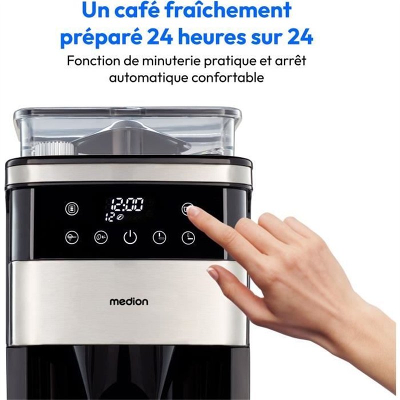 Image secondaire de Cafetiere Filtre Digitale avec Broyeur - MEDION - 1000W - 1,5L - Silver