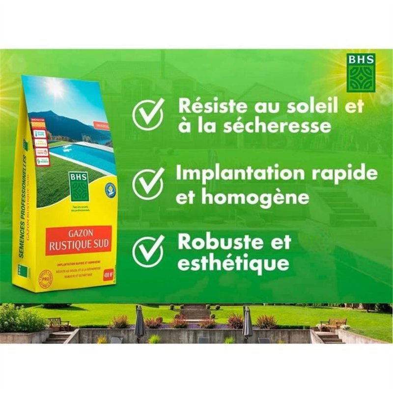 Image secondaire de Gazon - BHS - Gazon Rustique Sud - 10kg - Résistant aux conditions sèches grâce à la fétuque élevée. Rapide et homogène.