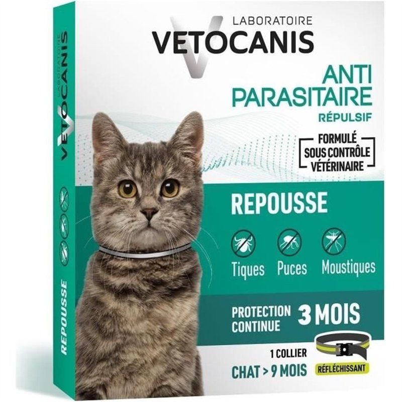Collier répulsif anti-tiques et puces - VETOCANIS - Noir Réfléchissant pour Chat