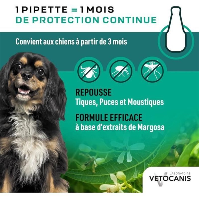 Image secondaire de Pipettes Anti puces - VETOCANIS - 2x1 Mois sans Tiques, Puces, Moustiques - Antiparasitaire Chien 2 a 10 kg, A base de Margosa