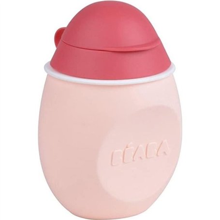 BEABA Gourde bébé/enfant en silicone, BabySqueez' 2 en 1, 2 embouts (1er et 2eme age), 180 ml, Rose