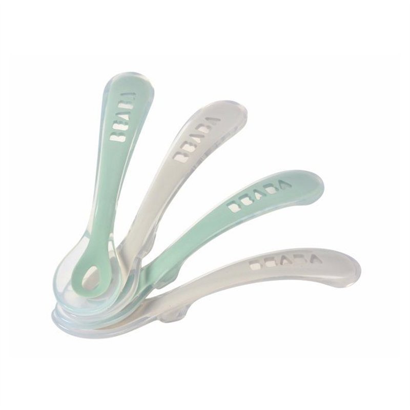 Lot de 4 cuilleres - BEABA - 913555- 2eme âge - Silicone - Velvet grey / Sage green
