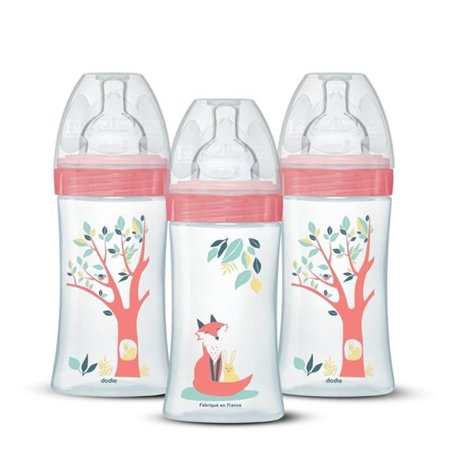 Lot de 3 biberons - DODIE - EB20 - 270 ml - Tétine plate - Rose