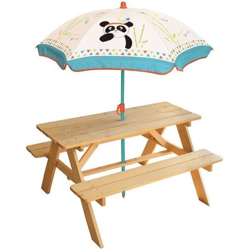 Table de Pique-nique pour Enfant - FUN HOUSE - INDIAN PANDA - Bois - Parasol inclus