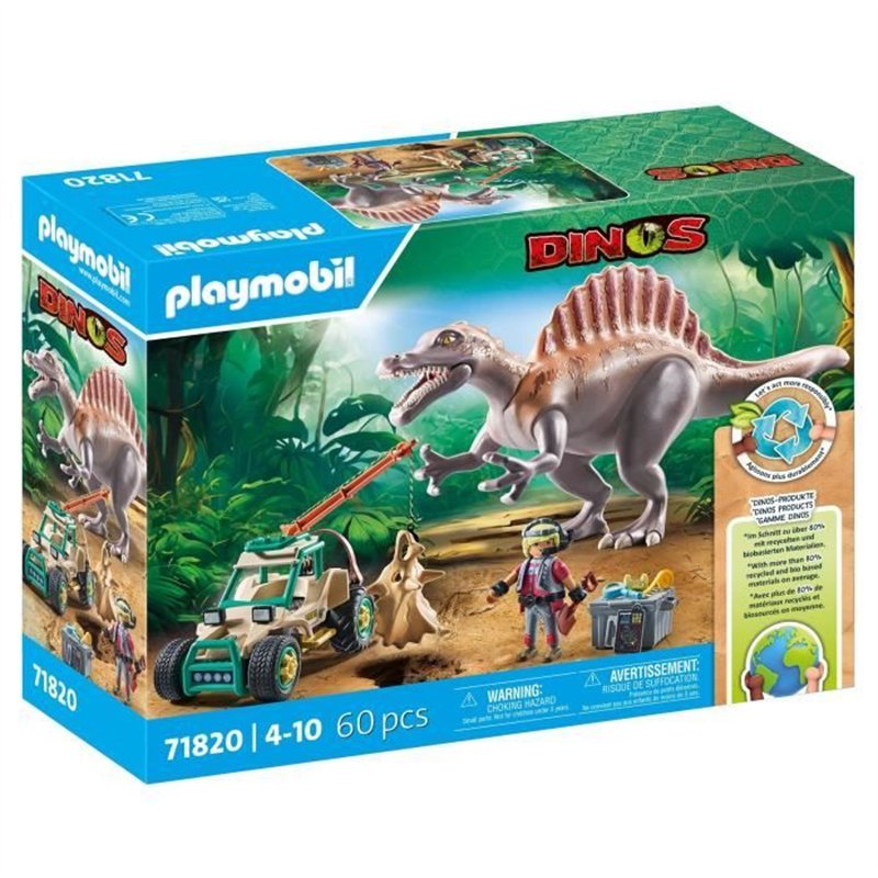 PLAYMOBIL 71820 Spinosaure, chercheur et véhicule a grue pivotante, Dinos, 60 pieces, Des 4 ans
