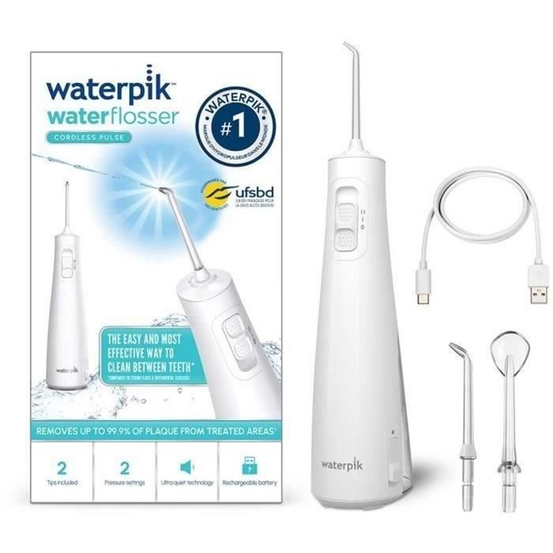 Waterpik WF-20 Pulse, Hydropulseur Sans Fil, Recommandé par l'UFSBD, Jet dentaire Rechargeable, Elimine la Plaque, Blanc
