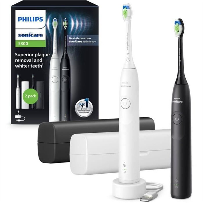 Brosse a dents - PHILIPS - HX7109/01 - Sonicare - Double manche Serie 5300 - Blanc & Noir - Eléctrique