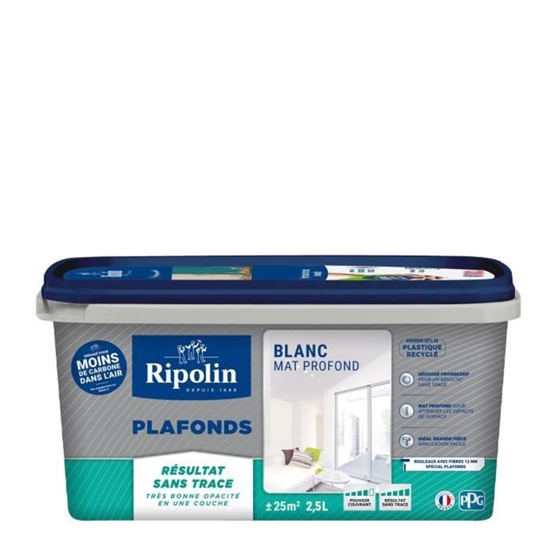 Peinture plafonds - Blanc mat - Sans trace - RIPOLIN - 2,5L