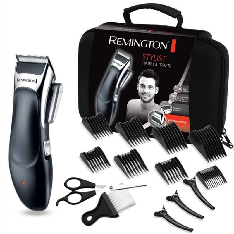 Remington Tondeuse Cheveux [Kit Coiffeur Professionnel] Stylist Noir & Argent (Lames Céramique Auto-Affûtées, Secteur/Sans fil-B