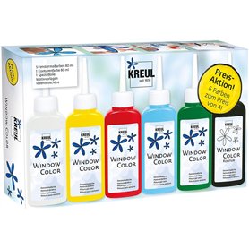 KREUL 42847 - Window Color Set Action, 6 x 80 ml peinture pour fenêtres en blanc, jaune, rouge, bleu et vert, inclus 80 ml de co