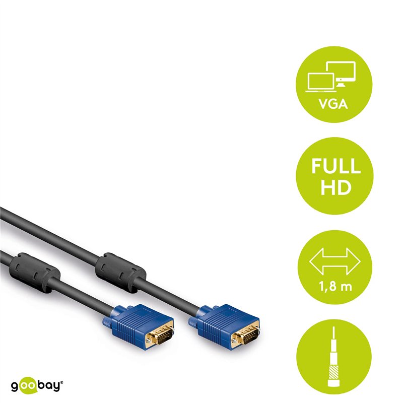 Image secondaire de Goobay 93368 Câble de Moniteur Full HD SVGA, Doré, Bleu, Noir, 1.8m Longueur