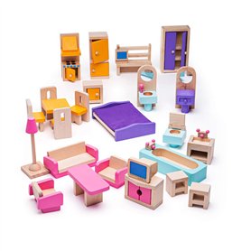 Bigjigs Toys Boîte de Jeu Patrimoine Lot de Meubles pour Maison de Poupée | Jouet Traditionnel | Jeu Éducatif | Cadeau Enfant | 