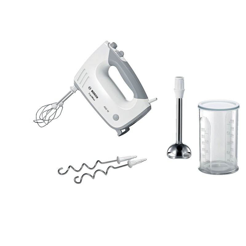 Bosch ErgoMixx MFQ36470 – batteur polyvalent avec plusieurs accessoires – Puissance de 450 W – Couleur : Blanc/Gris
