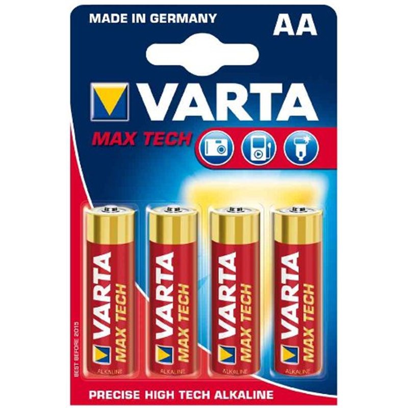 VARTA Piles AA, lot de 4, Longlife Max Power, Alcalines, 1,5V, adaptées aux appareils photo numériques, contrôleurs, tensiomètre