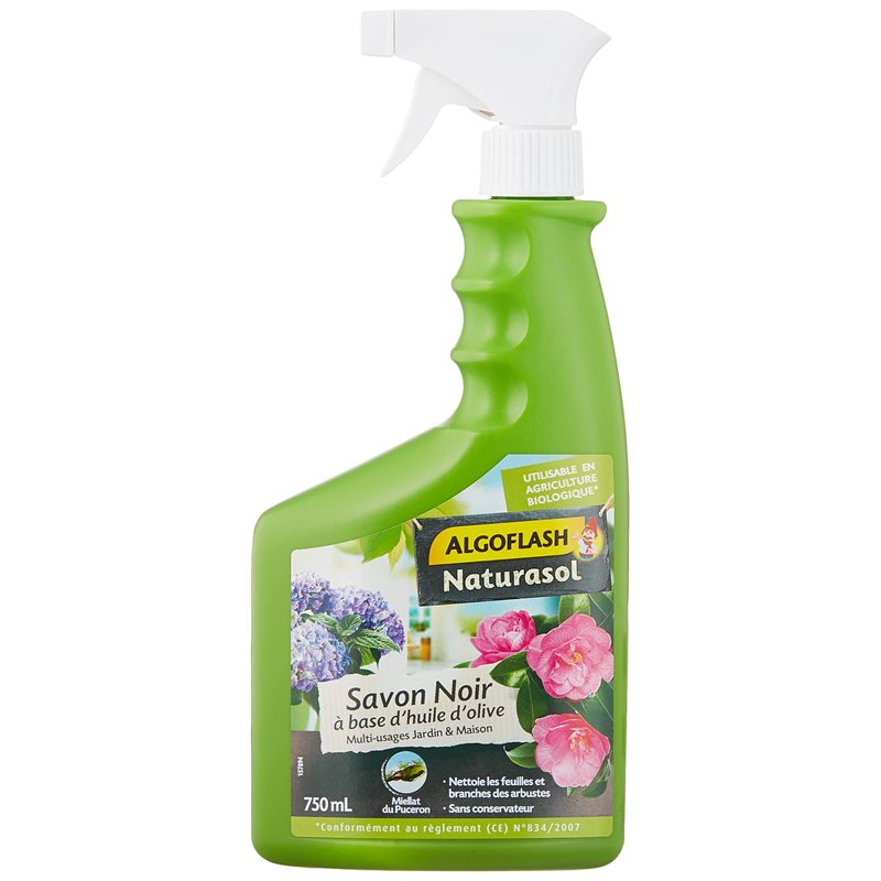ALGOFLASH NATURASOL Savon Noir prêt à l'emploi, pour jardin, plantes d’intérieur et entretien maison, Pulvérisateur 750 ml, BIOS