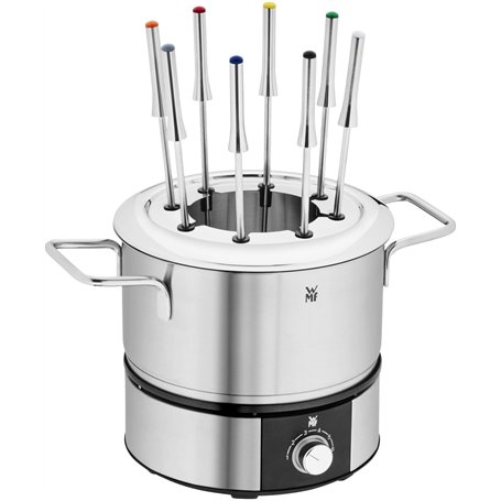 WMF Service à fondue électrique, 1400 W, 8 personnes, Récipient en inox, 8 fourchettes à fondue en Inox 18/10 Cromargan, Haute p