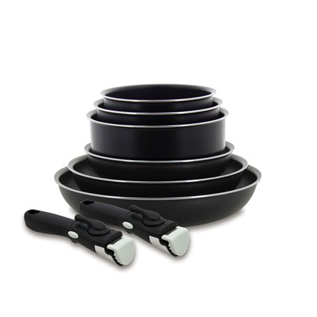 MENASTYL - set de 8 pièces – 3 poêles 20/24/28 cm + 3 casseroles 16/18/20 cm + 2 poignées amovibles sécurisées - 6020438