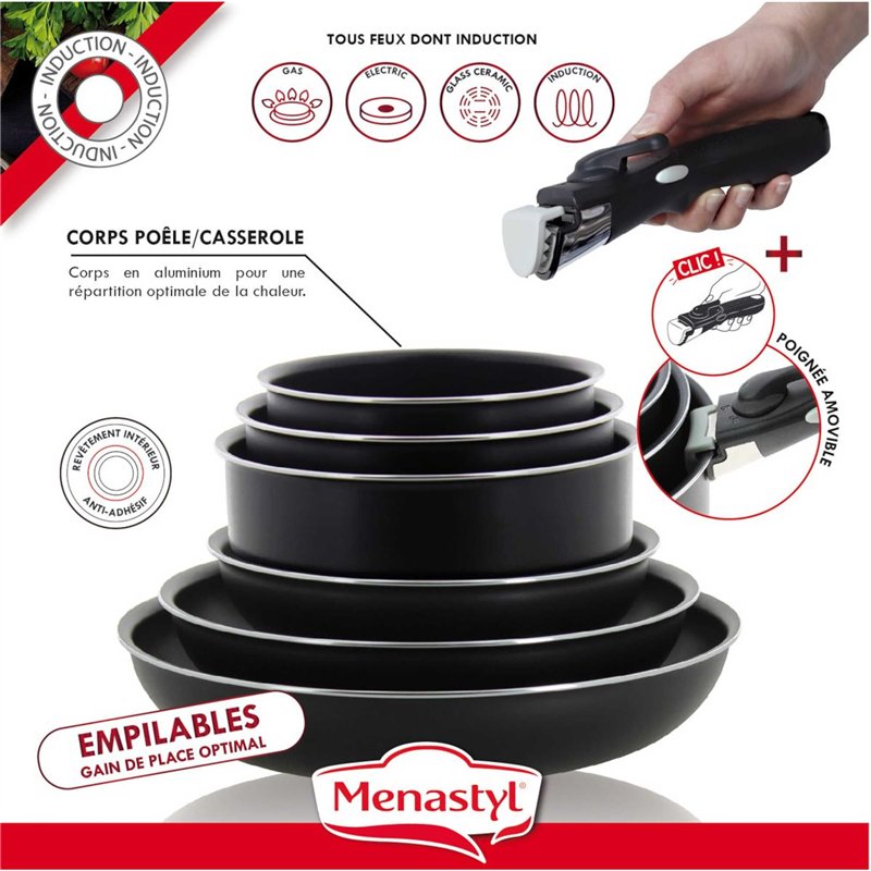 Image secondaire de MENASTYL - set de 8 pièces – 3 poêles 20/24/28 cm + 3 casseroles 16/18/20 cm + 2 poignées amovibles sécurisées - 6020438