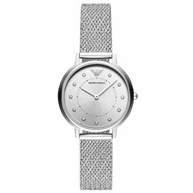 Emporio Armani Montre pour femme, mouvement à deux aiguilles, boîtier en acier inoxydable argenté de 32 mm avec bracelet en acie