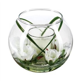 Atmosphera - Composition Florale Artificielle et Bougie - Vase en Verre - H10 cm - Modèle 1