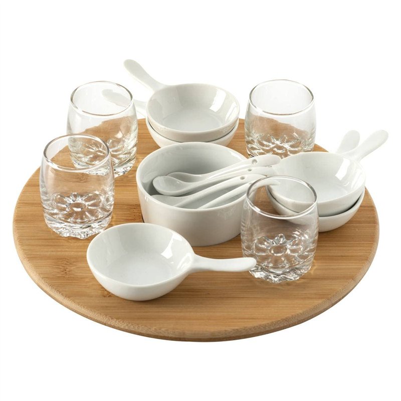 Secret de Gourmet - Set Apéritif 14 pièces : 1 Plateau Rotatif en Bambou, 4 Verrines, 5 Coupelles et 4 Cuillères
