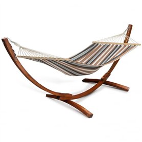 IDMarket - Hamac XL avec Support Bois et Toile rayée Noire, Blanche et Chocolat