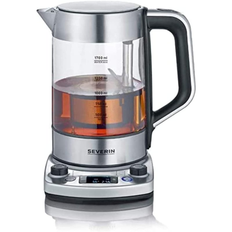 SEVERIN Bouilloire Eau & Thé en Verre Programmable, 1,7L, 3 000W, Levée Automatique du Filtre, Minuterie, Affichage LED, WK 3422