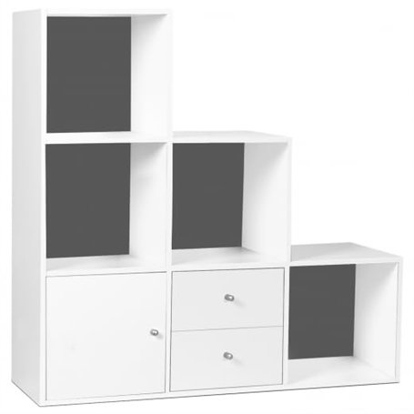 IDMarket - Meuble de Rangement en escalier Liam 3 Niveaux Bois Blanc Fond Gris avec Porte et tiroirs