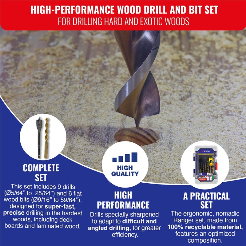 Image secondaire de TIVOLY - Coffret Forets + Mèches à Bois - Pour Perçage des Bois Durs - Kit 15 Pièces : 9 Forets Bois HSS SpeedPoint Ø 2 à 10mm +