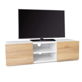 IDMarket - Meuble TV 113 cm ELI Blanc Portes façon hêtre