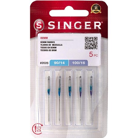 SINGER Lot de 5 aiguilles pour machine à coudre Denim 2026, tailles assorties 90/14, 100/16