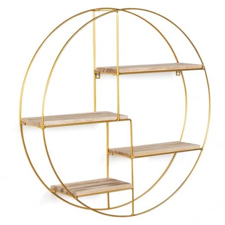IDMarket - Etagère murale ronde LILY 4 niveaux bois et métal doré design industriel