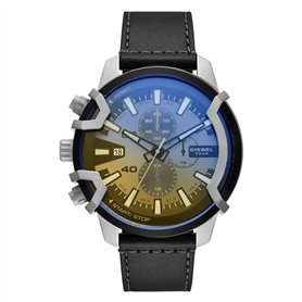 Diesel Montre pour homme Griffed, mouvement chronographe, boîtier en acier inoxydable argenté de 48 mm avec bracelet en cuir, DZ