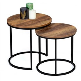 IDMarket - Lot de 2 Tables Basses gigognes Hawkins Rondes 40/45 Bois foncé Design Industriel